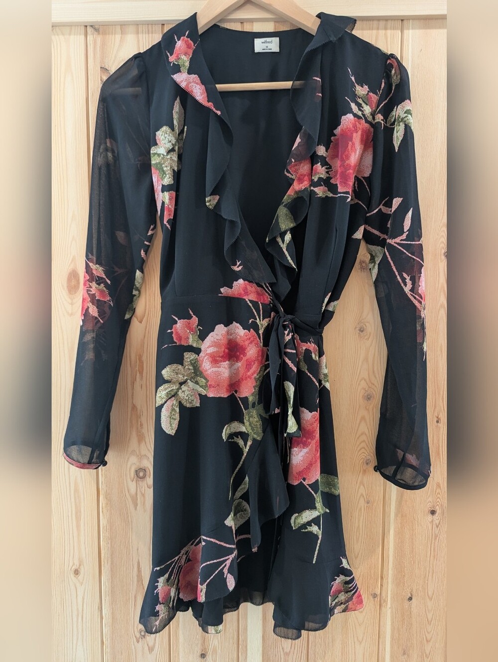 Wilfred Black Floral Wrap Dress Sheer Sleeve Mini Dress - Picture 2 of 9